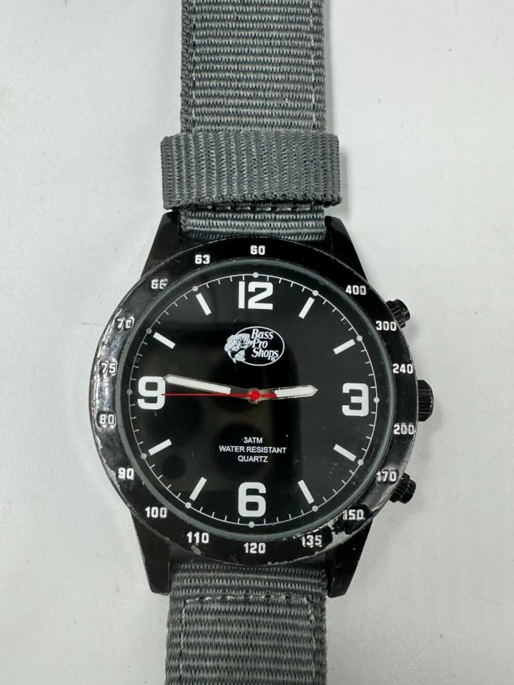 Bass Pro Shops Watch Men Black Dial 46MM Grey Canvas Band New Battery 9"